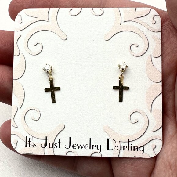 14K Yellow Gold Womens Earrings Pierced Clear CZ Cross Stud Gift Idea for Her